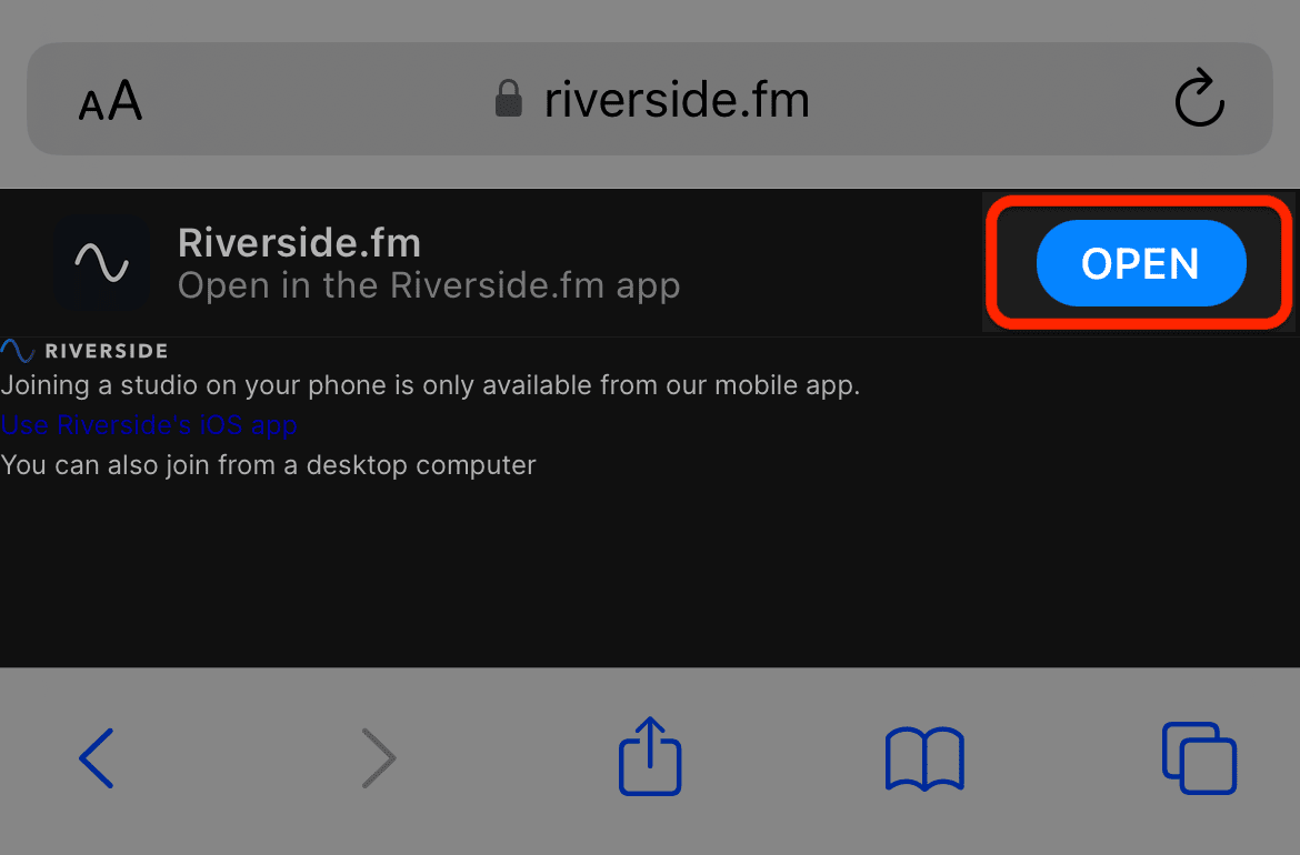 Riverside page opens in the Safari mobile browser