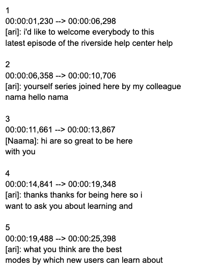 Sample transcription output. Each line of the caption is divided by the timestamp that indicates how long to display it on screen, with roughly 3 to 6 seconds of spoken words on each line.